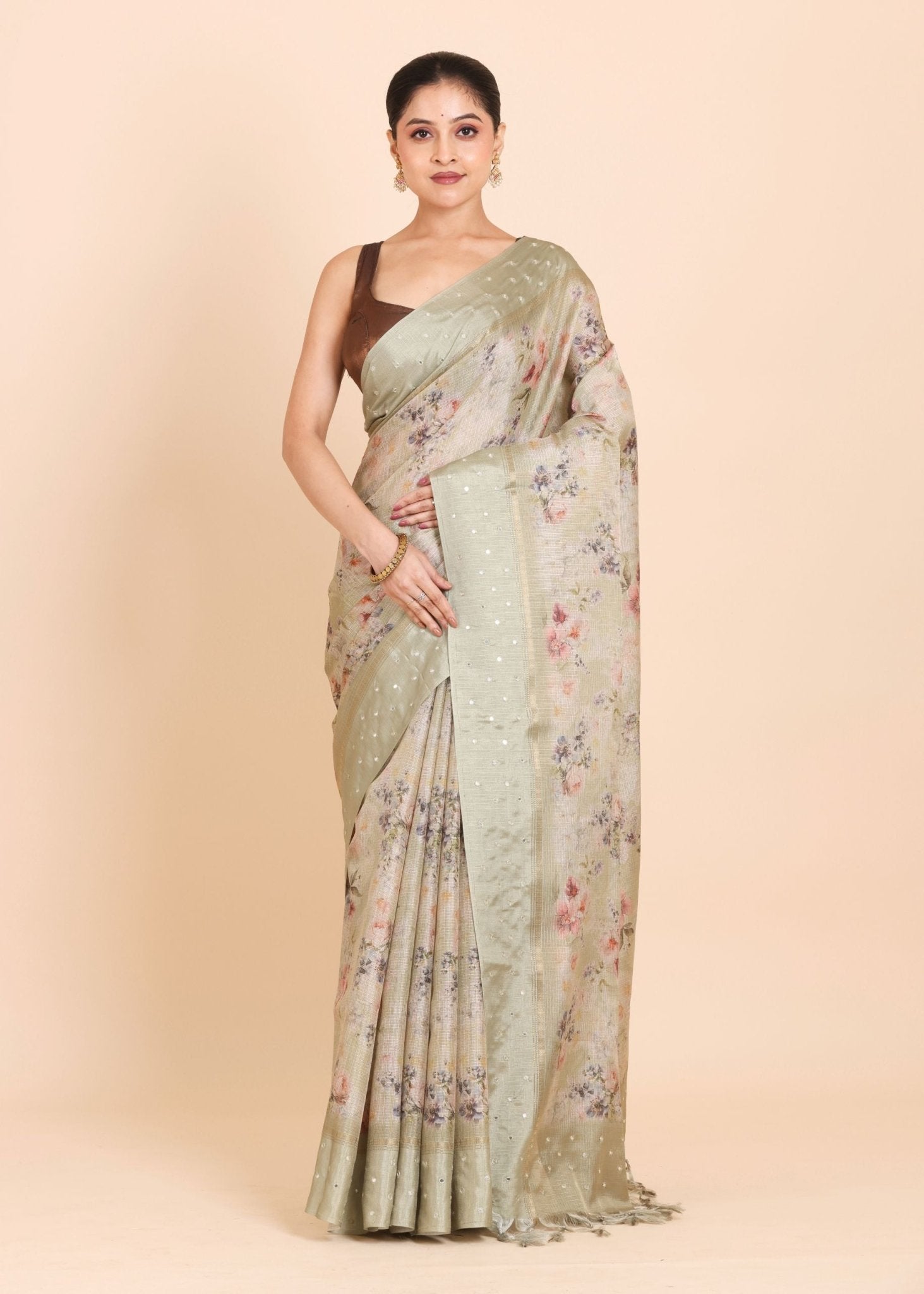 Light Green Kota Silk Printed Saree - Anvi Couture