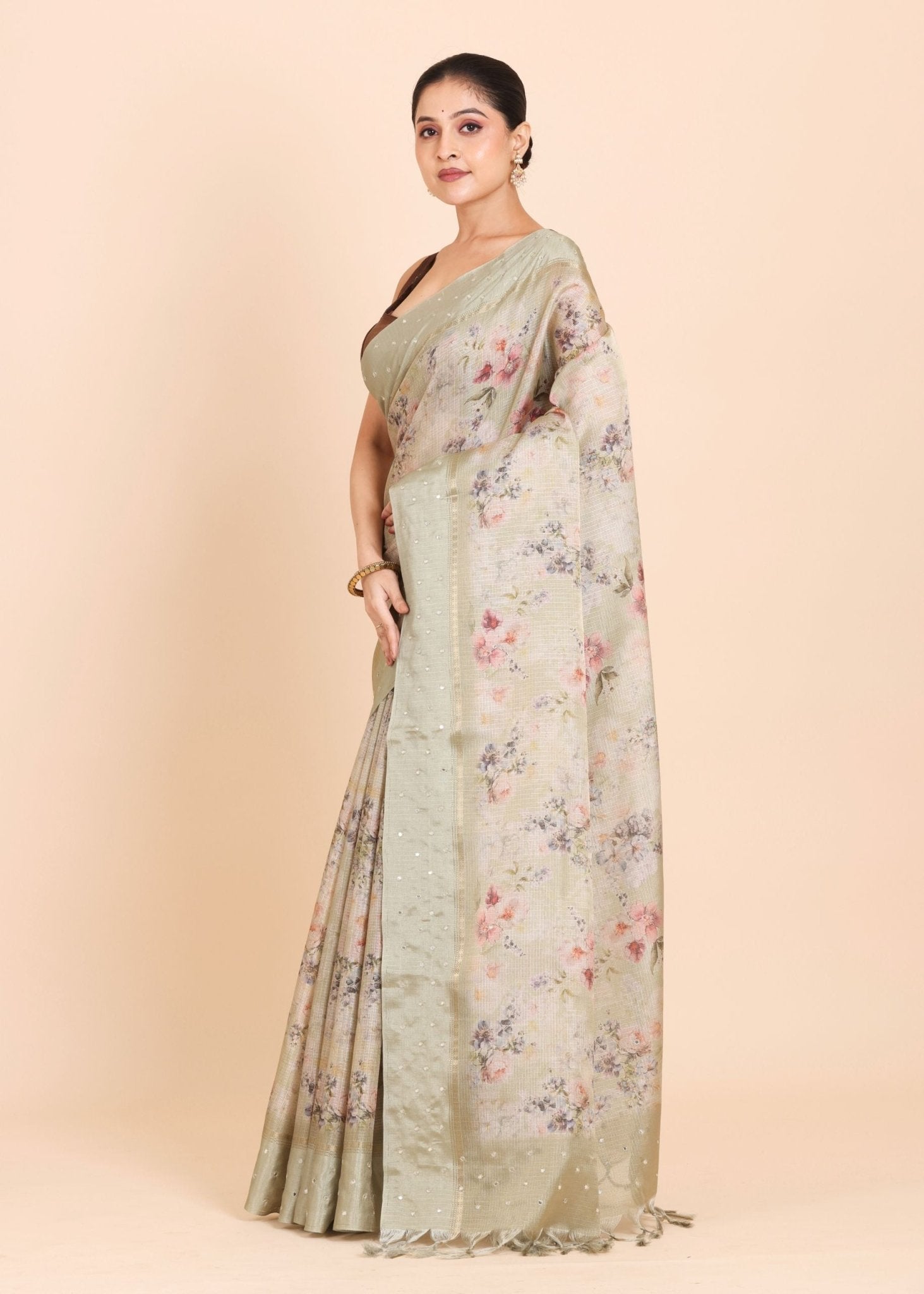 Light Green Kota Silk Printed Saree - Anvi Couture