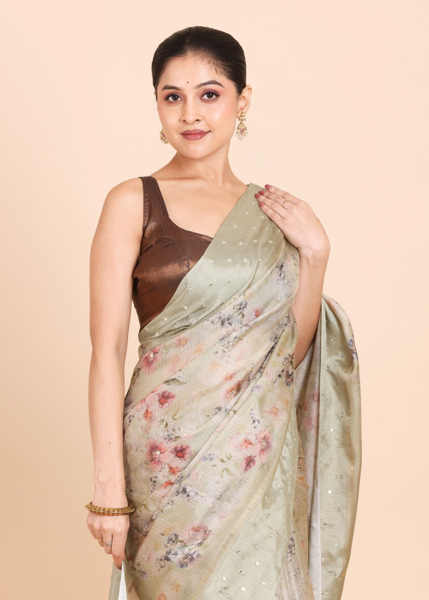 Light Green Kota Silk Printed Saree - Anvi Couture