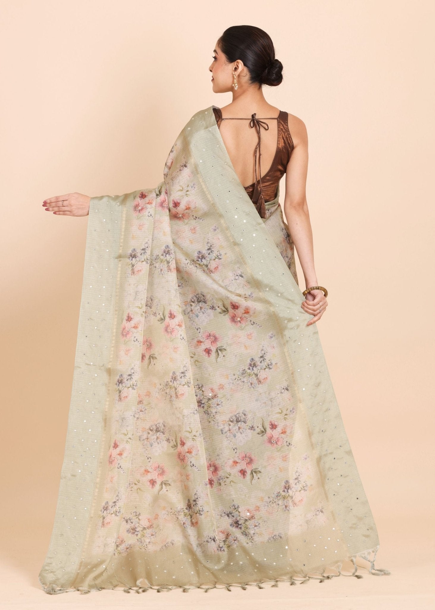 Light Green Kota Silk Printed Saree - Anvi Couture