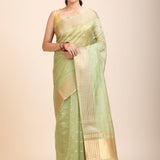 Light Green Kota Silk Saree With Golden Border - Anvi Couture