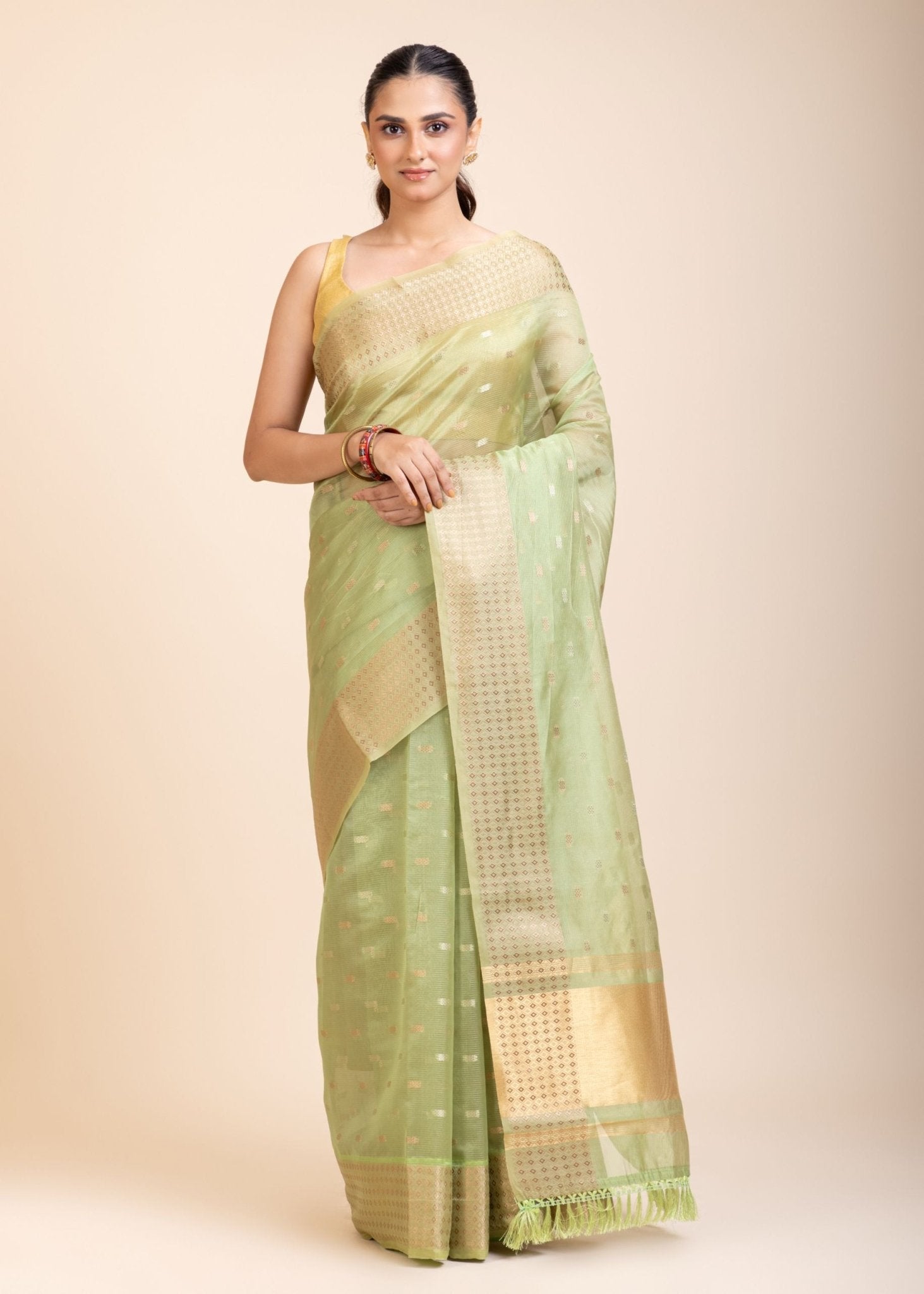 Light Green Kota Silk Saree With Golden Border - Anvi Couture