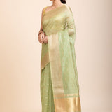 Light Green Kota Silk Saree With Golden Border - Anvi Couture