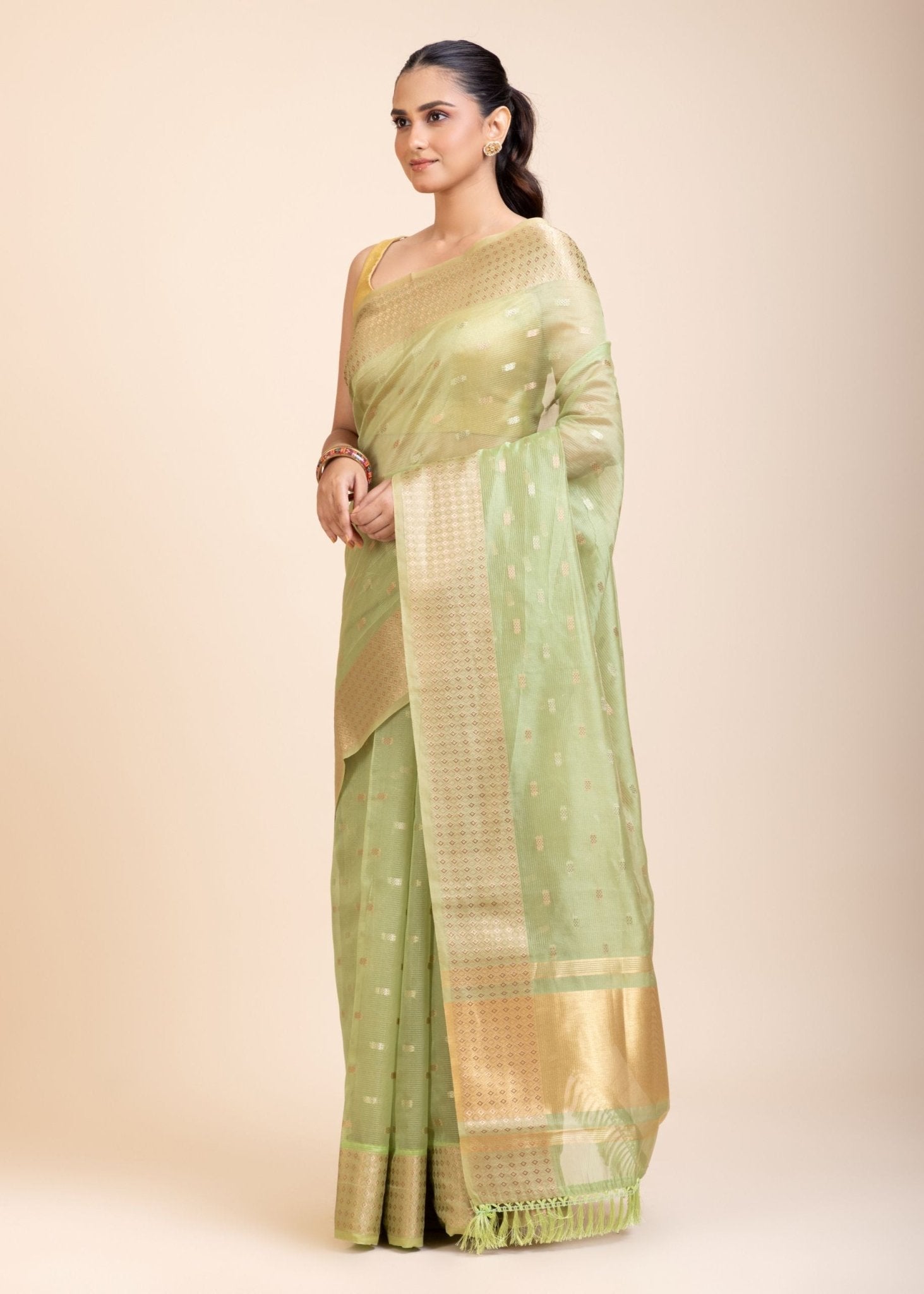 Light Green Kota Silk Saree With Golden Border - Anvi Couture