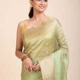 Light Green Kota Silk Saree With Golden Border - Anvi Couture