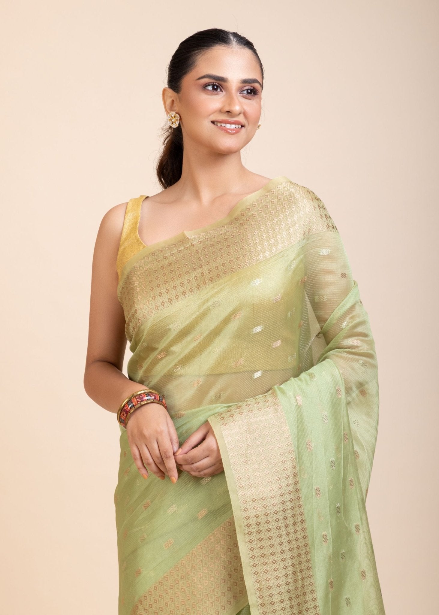 Light Green Kota Silk Saree With Golden Border - Anvi Couture