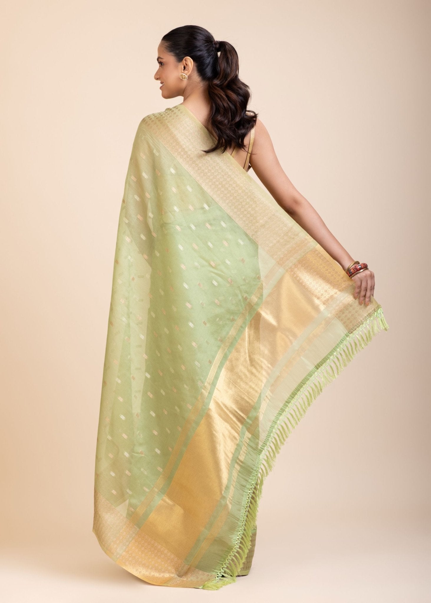 Light Green Kota Silk Saree With Golden Border - Anvi Couture