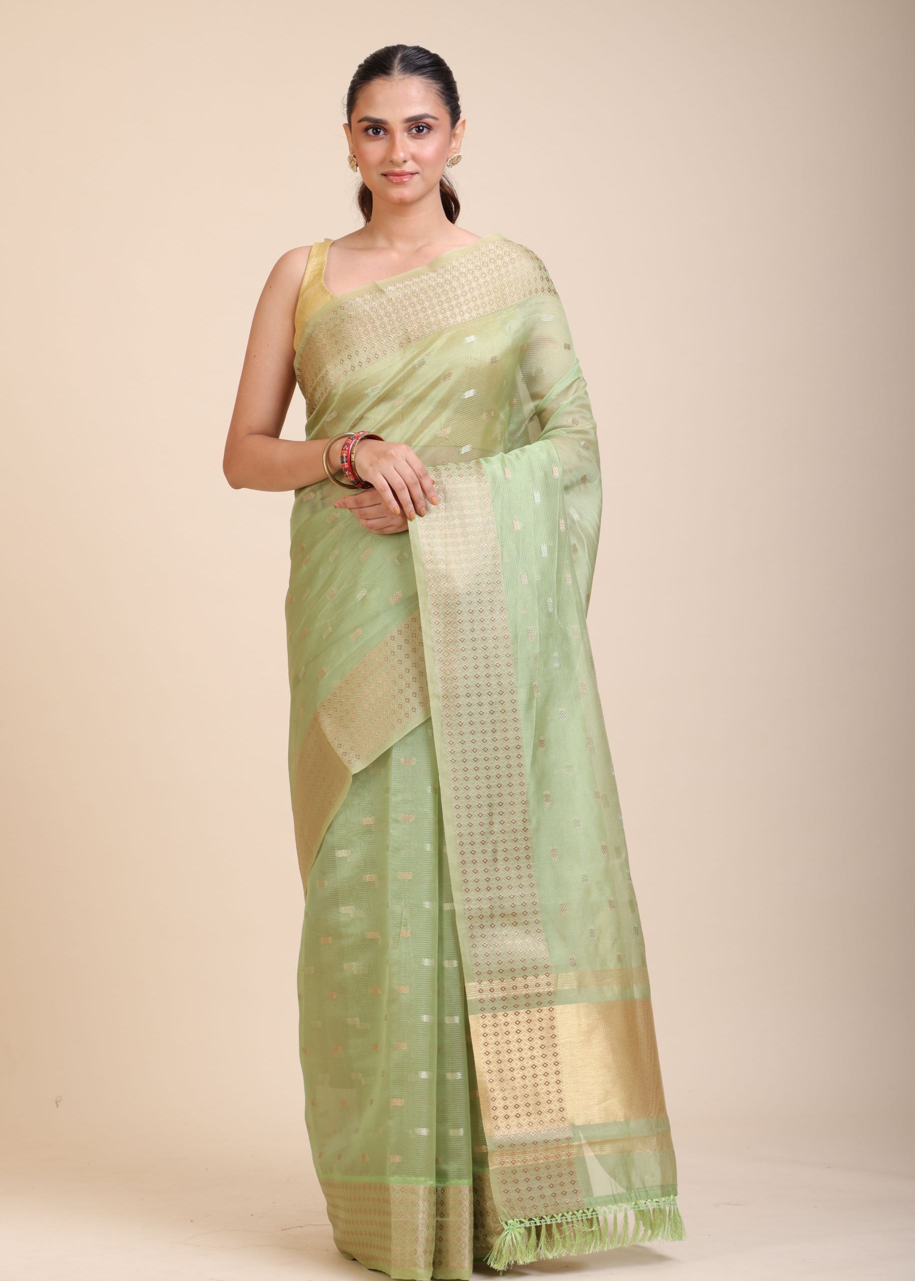 Light Green Kota Silk Saree With Golden Border Full

