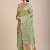 Light Green Kota Silk Saree With Golden Border Front

