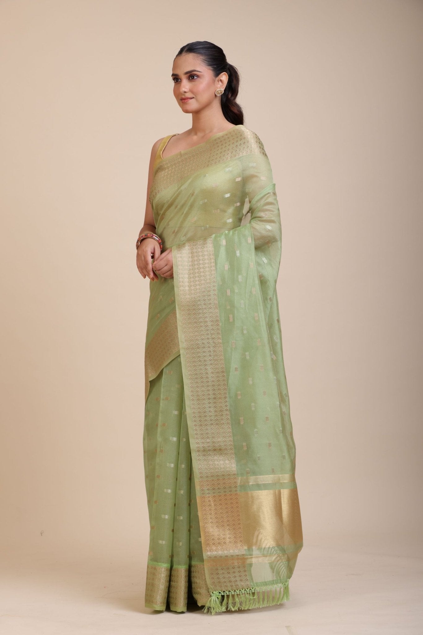Light Green Kota Silk Saree With Golden Border - Anvi Couture
