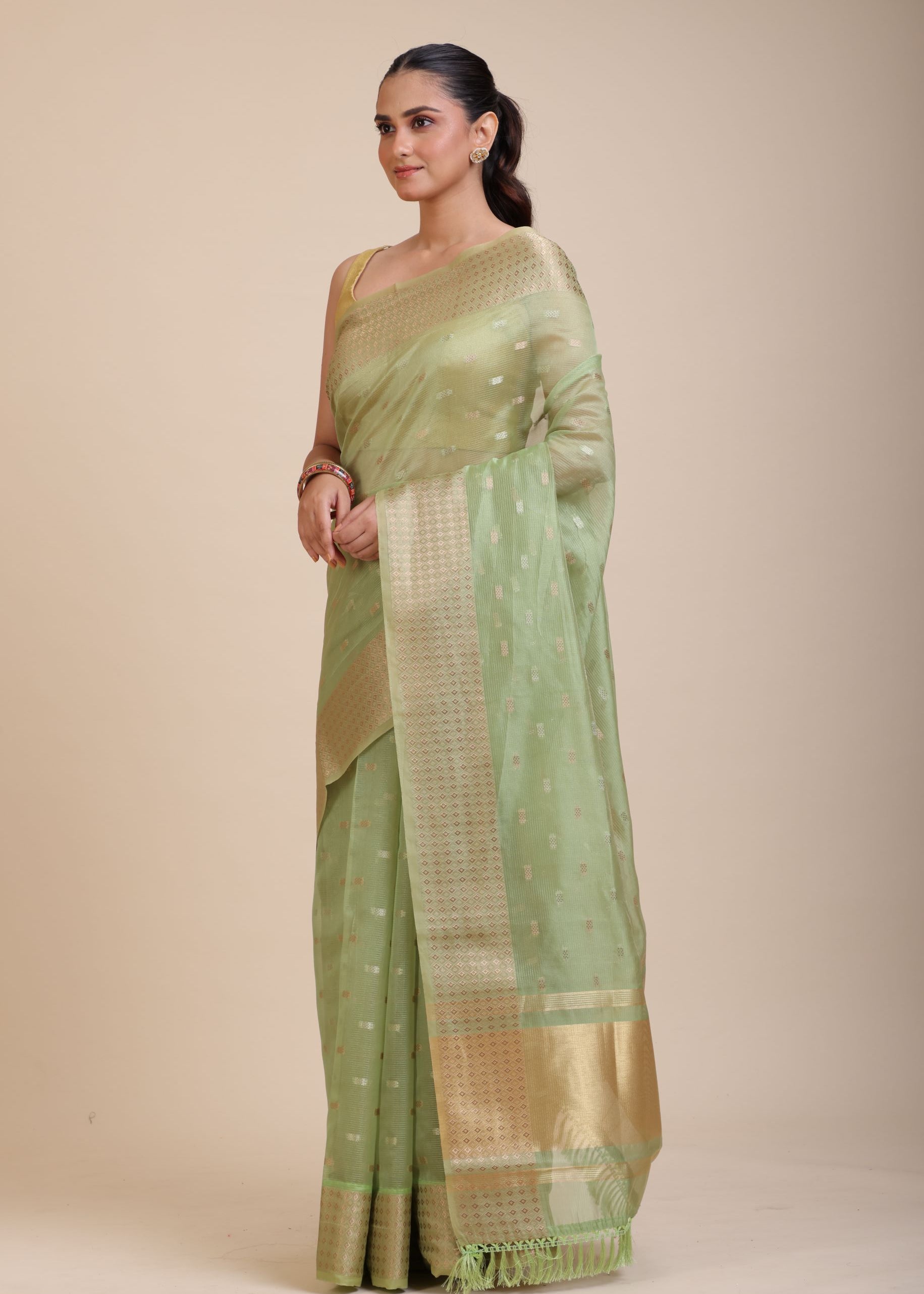 Light Green Kota Silk Saree With Golden Border Front

