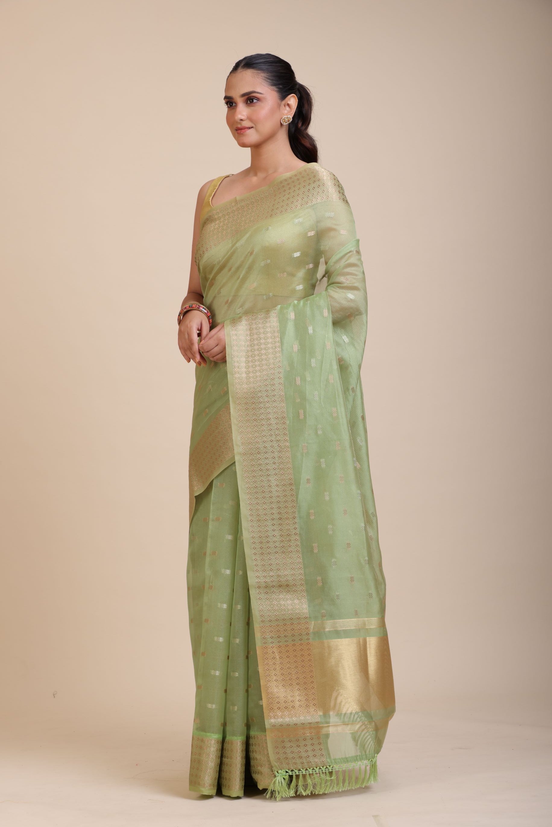 Light Green Kota Silk Saree With Golden Border Front

