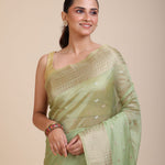 Light Green Kota Silk Saree With Golden Border Close Up

