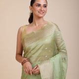 Light Green Kota Silk Saree With Golden Border Close Up


