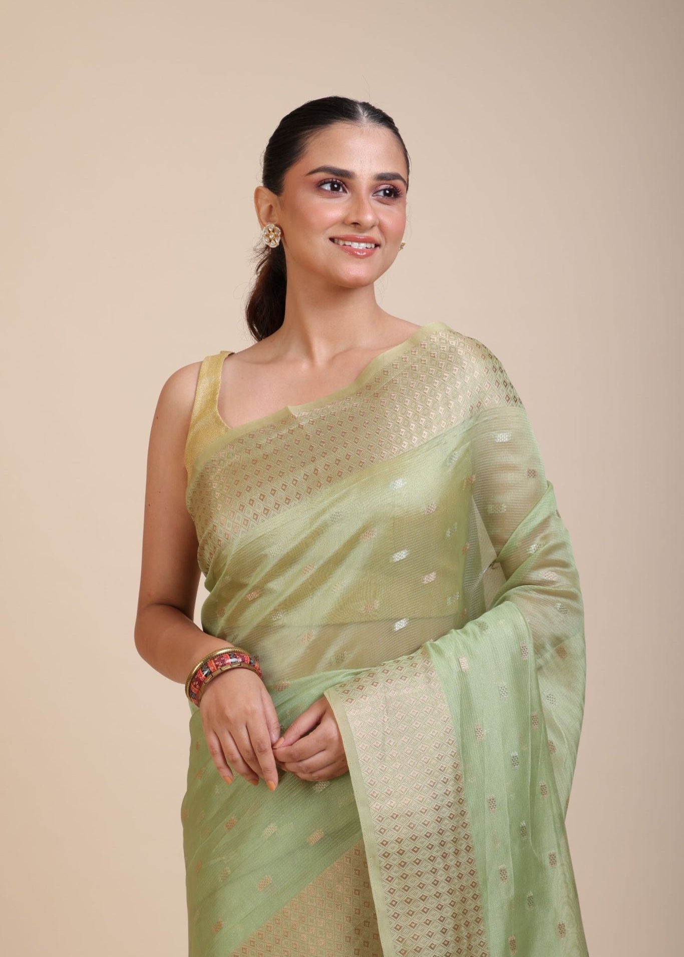 Light Green Kota Silk Saree With Golden Border - Anvi Couture
