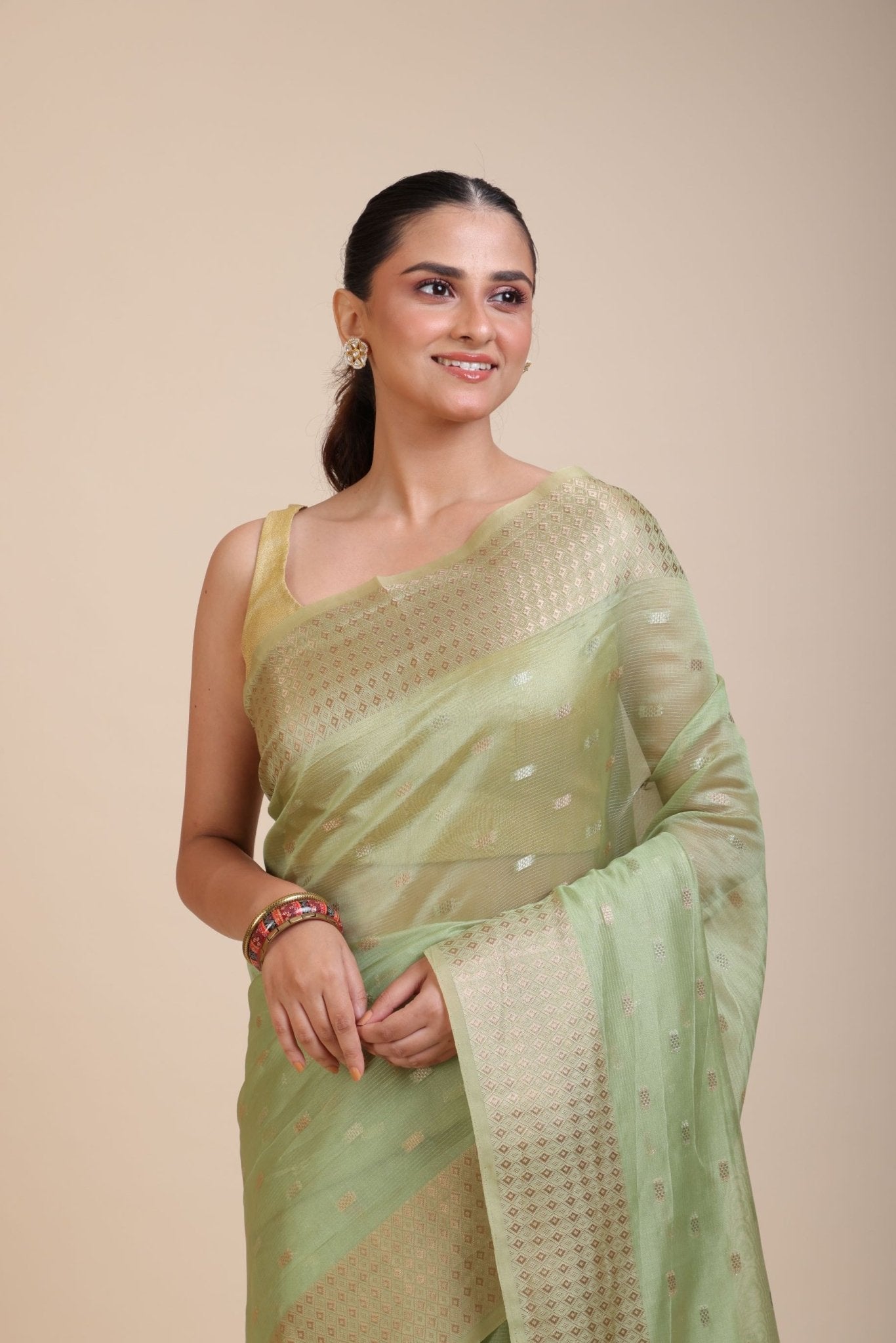 Light Green Kota Silk Saree With Golden Border - Anvi Couture