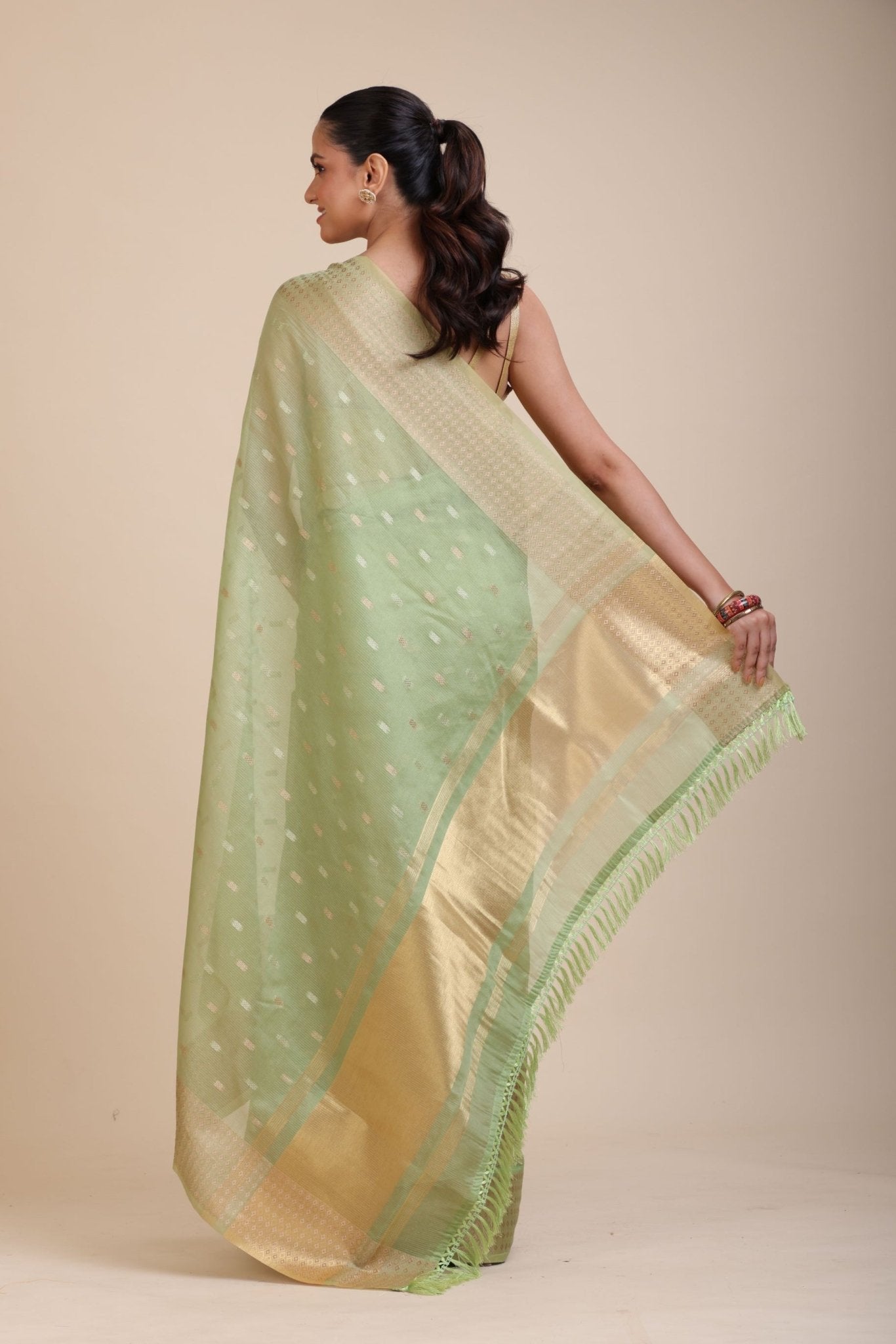 Light Green Kota Silk Saree With Golden Border - Anvi Couture