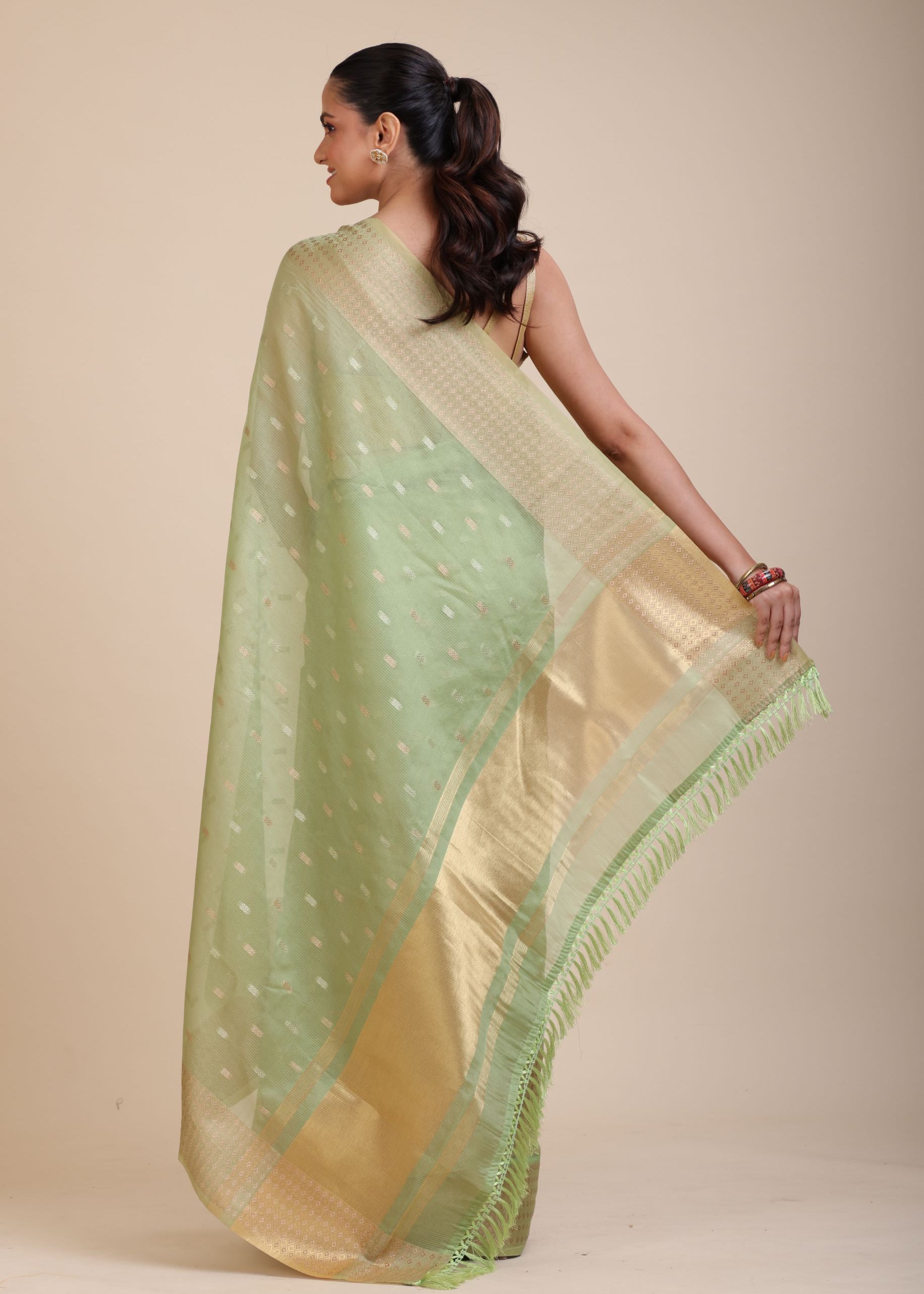 Light Green Kota Silk Saree With Golden Border Back

