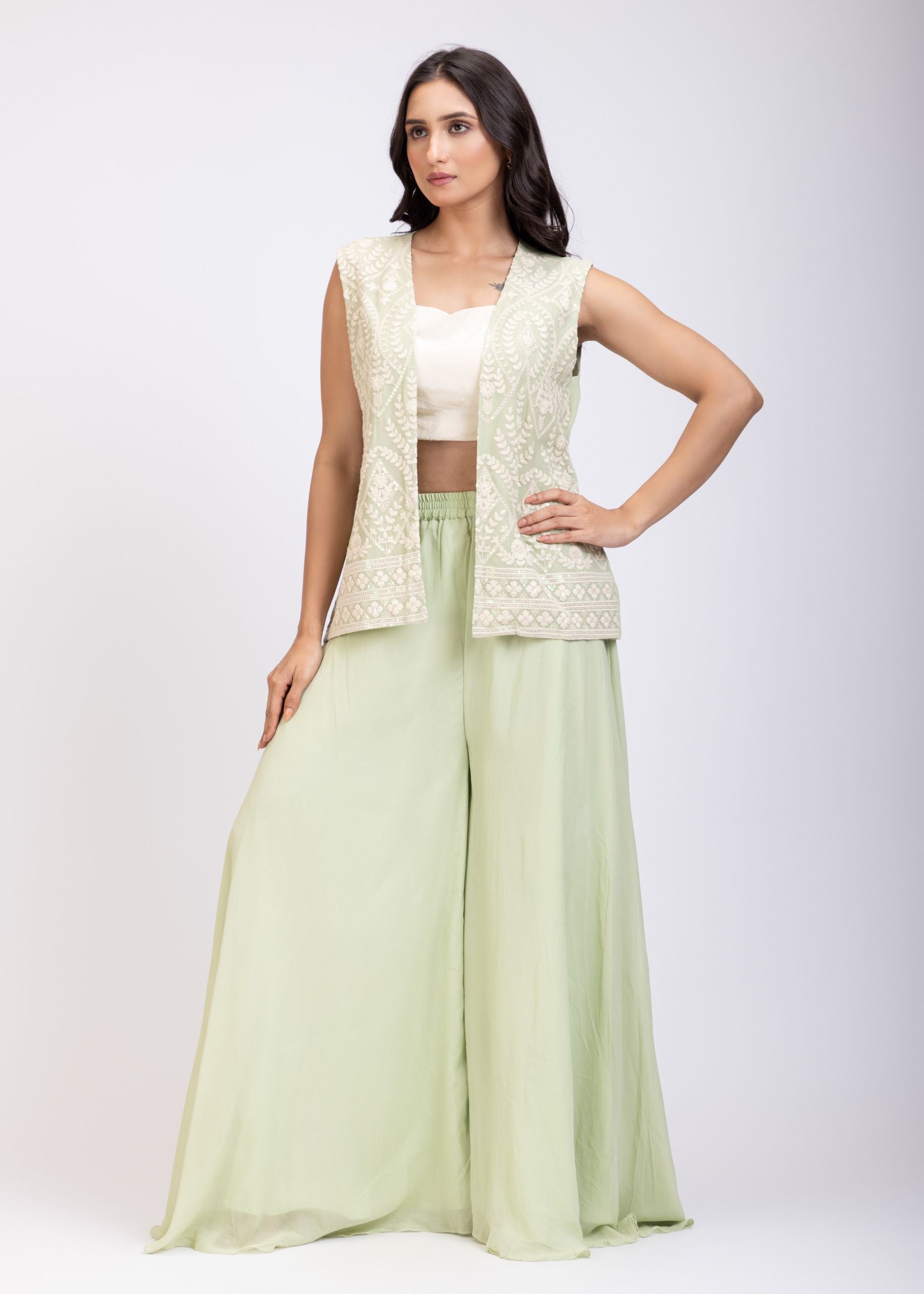 Light Green Sharara Set with Jacket front