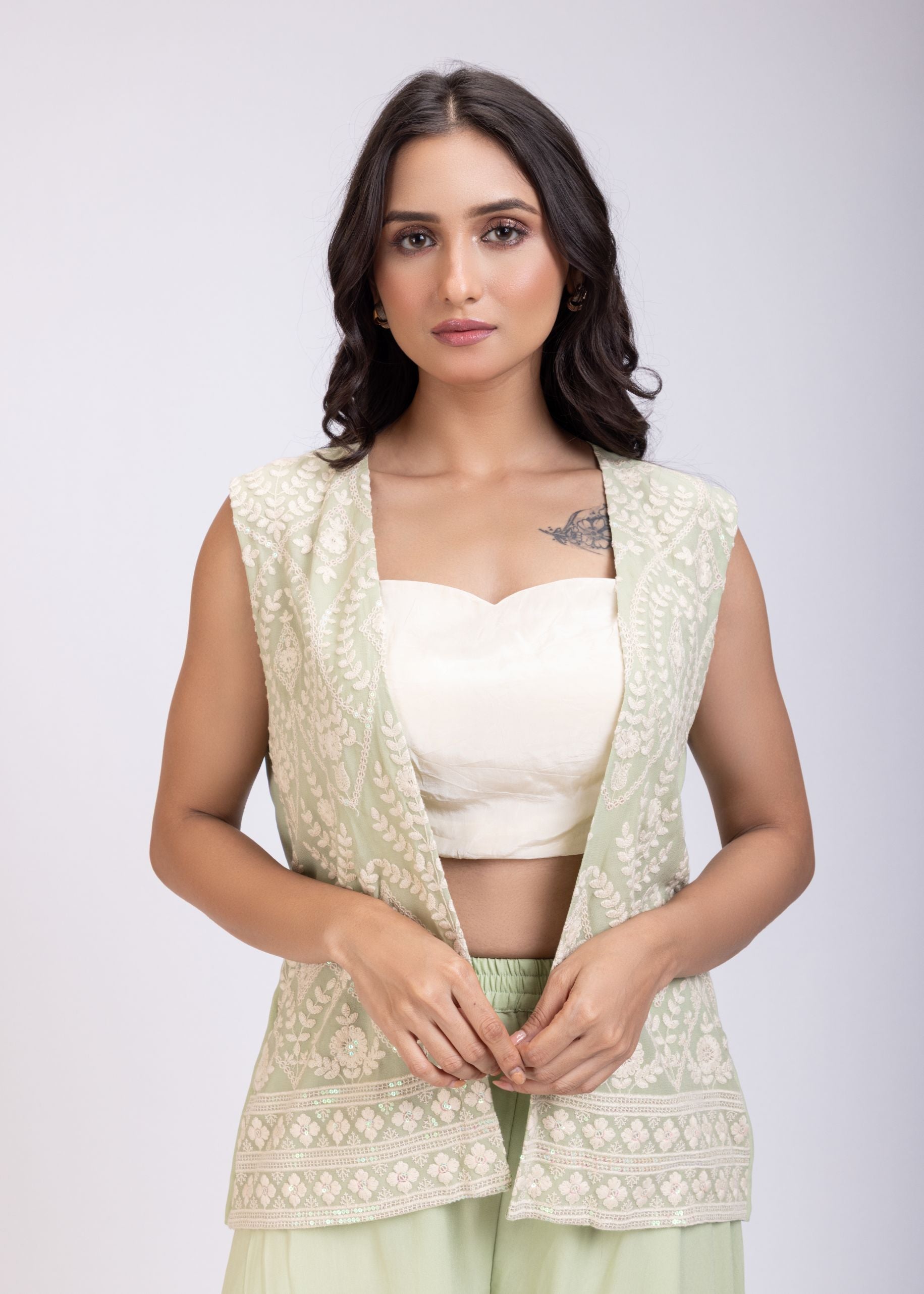 Light Green Sharara Set with Jacket close up