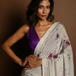Light Grey Floral Printed Satin Silk Saree with Sequin Embroidery - Anvi Couture