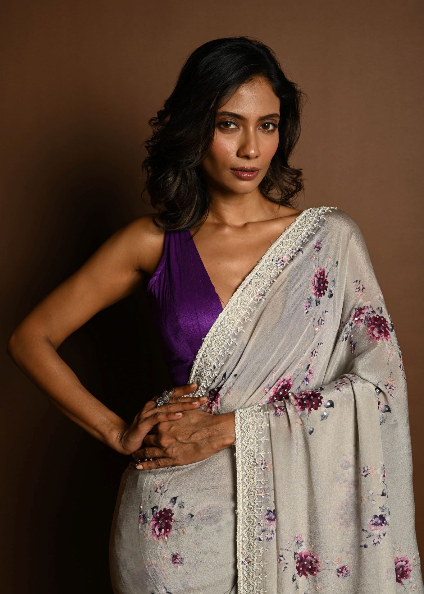 Light Grey Floral Printed Satin Silk Saree with Sequin Embroidery - Anvi Couture
