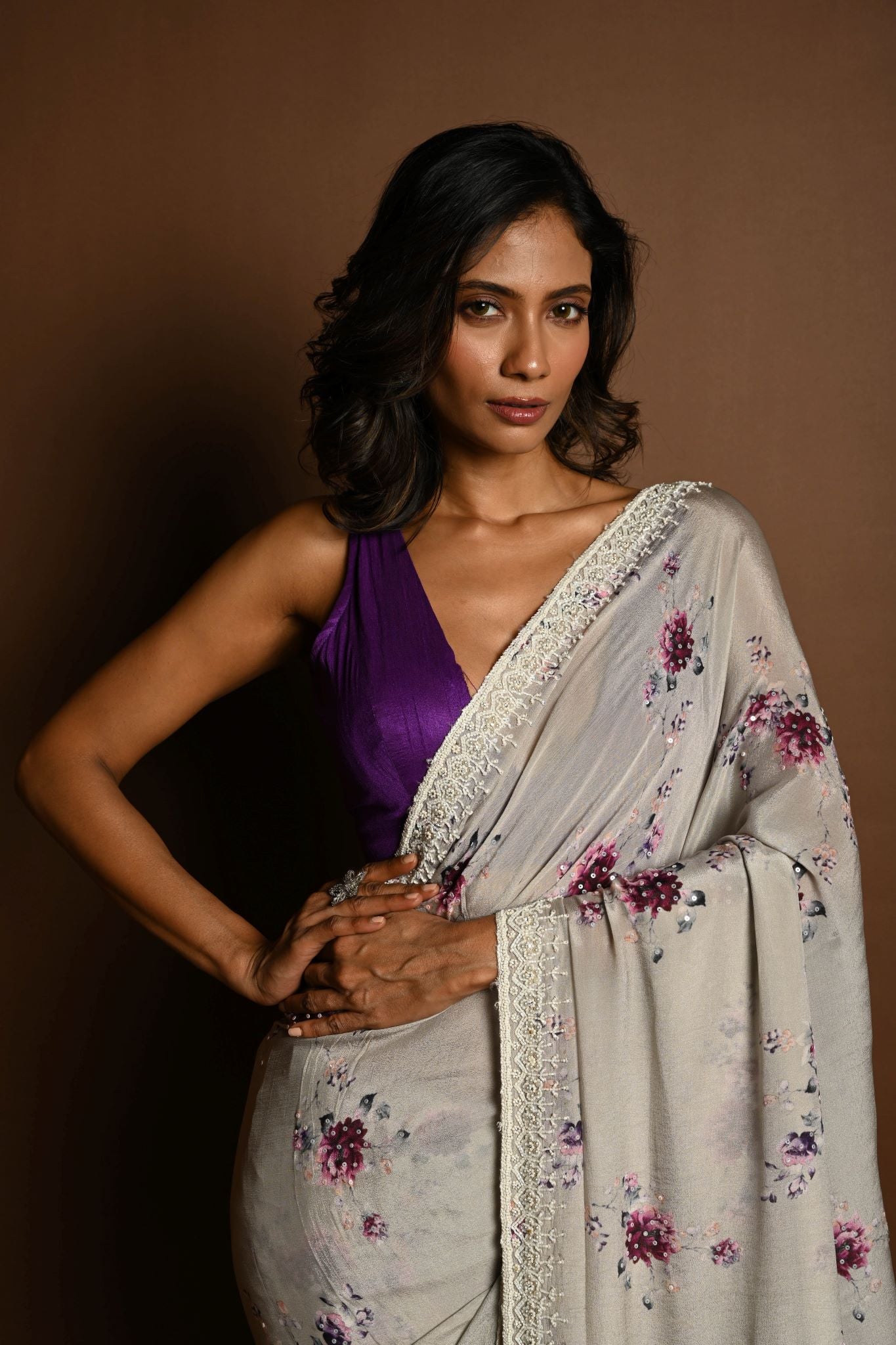Light Grey Floral Printed Satin Silk Saree with Sequin Embroidery - Anvi Couture