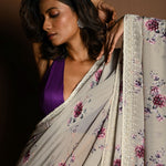 Light Grey Floral Printed Satin Silk Saree with Sequin Embroidery - Close Up