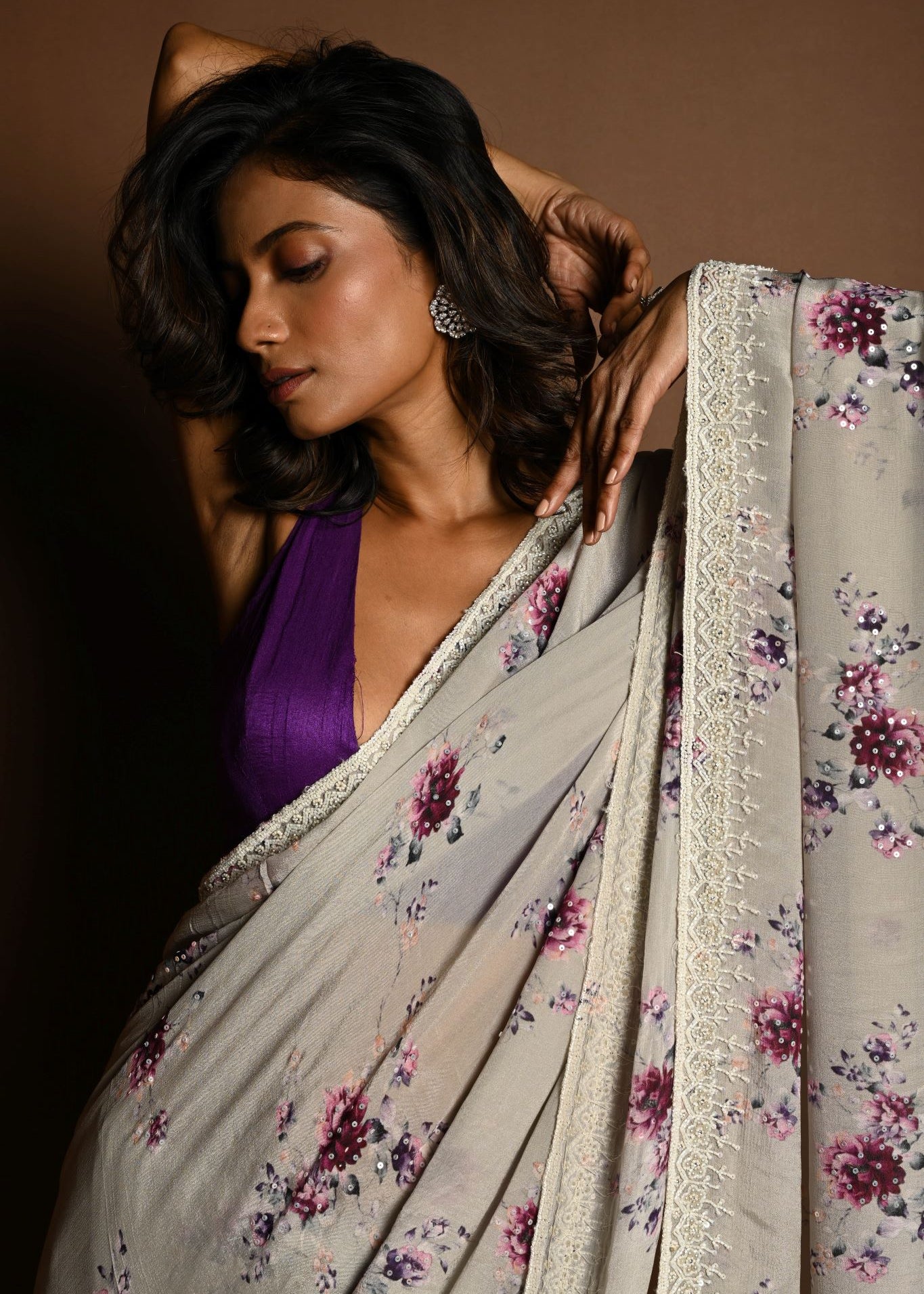 Light Grey Floral Printed Satin Silk Saree with Sequin Embroidery - Close Up