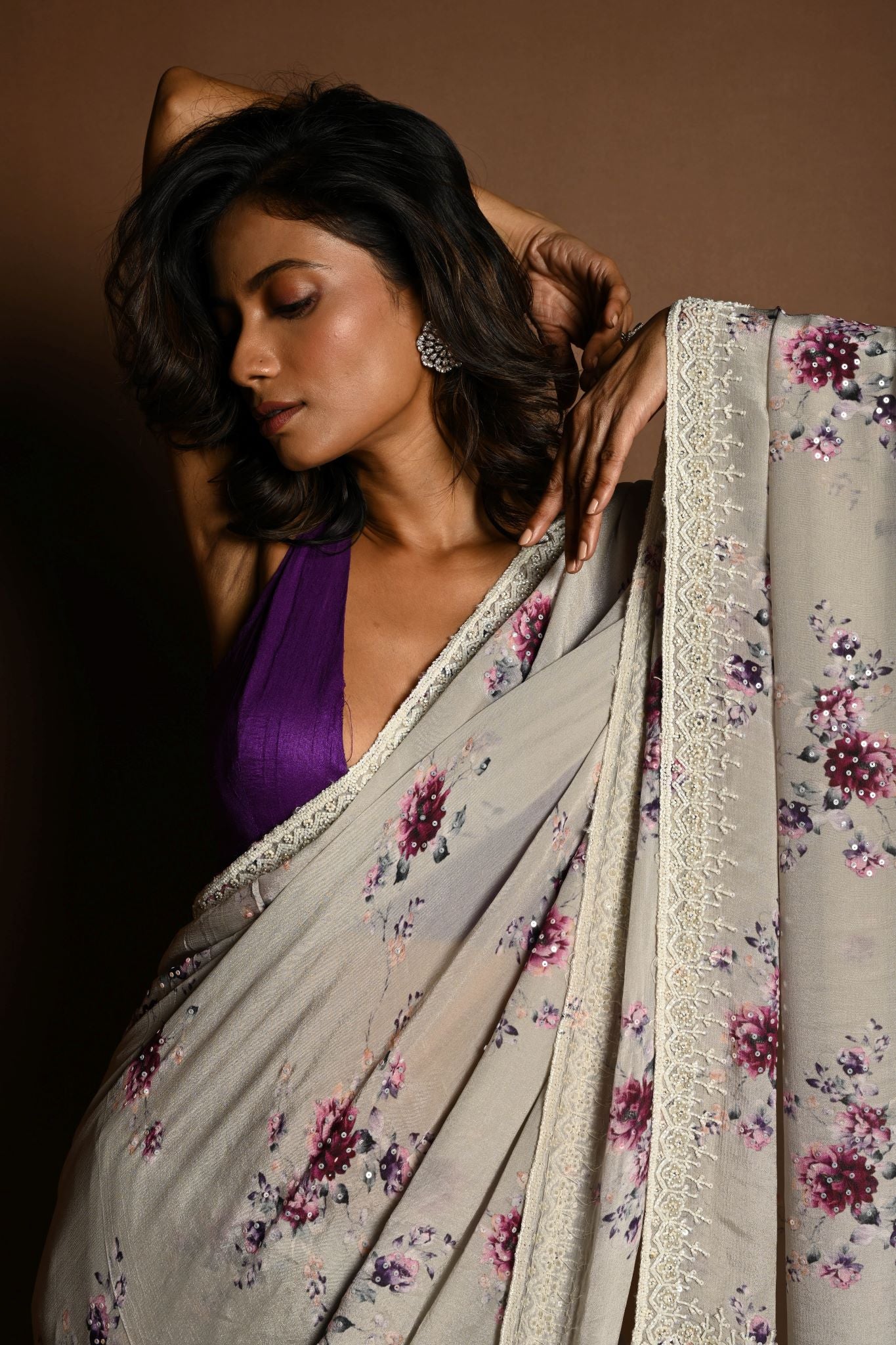 Light Grey Floral Printed Satin Silk Saree with Sequin Embroidery - Close Up