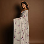 Light Grey Floral Printed Satin Silk Saree with Sequin Embroidery - Side View
