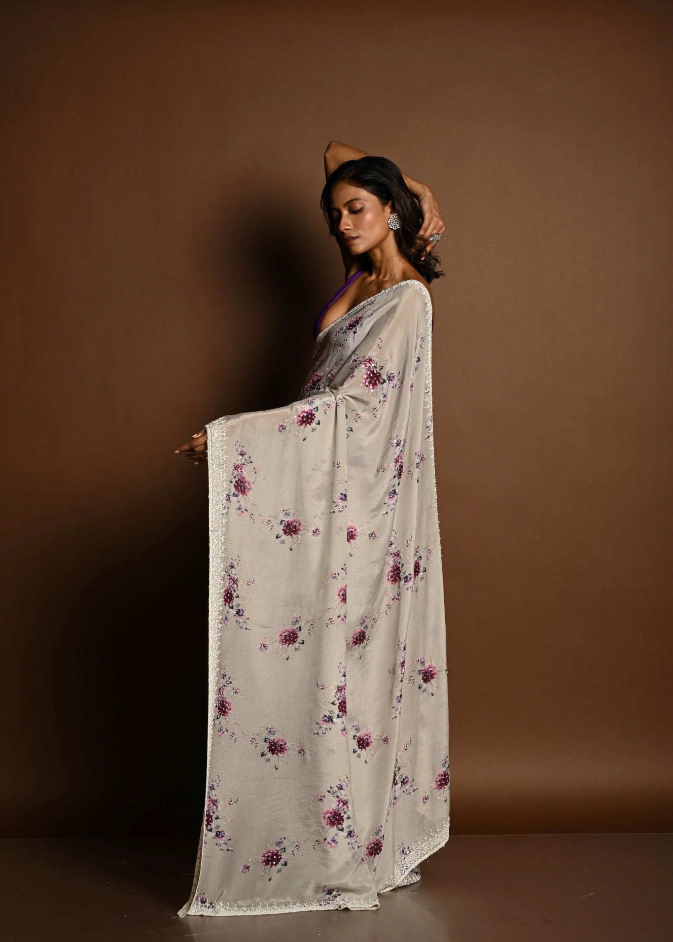 Light Grey Floral Printed Satin Silk Saree with Sequin Embroidery - Side View