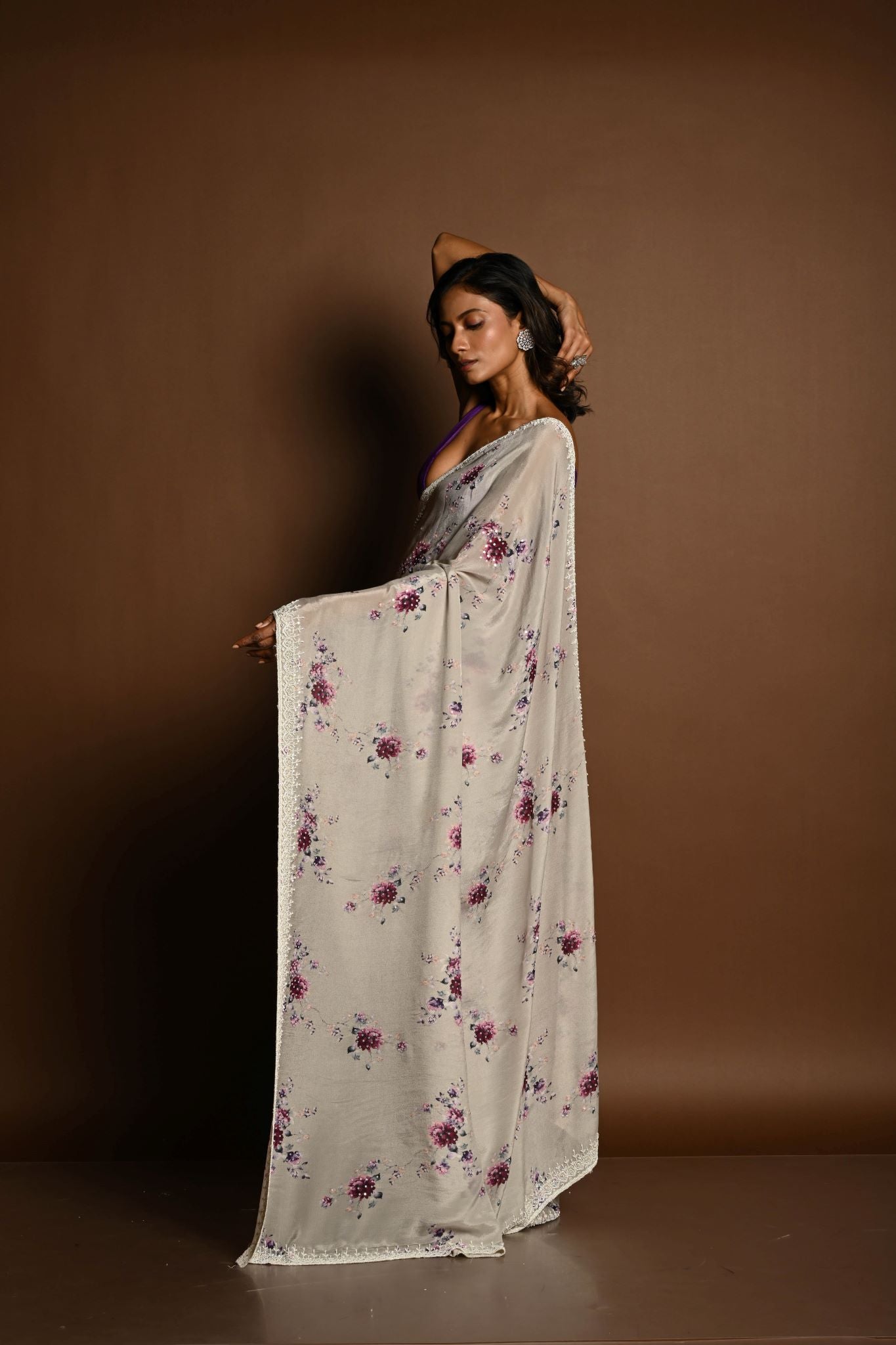 Light Grey Floral Printed Satin Silk Saree with Sequin Embroidery - Side View