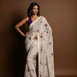 Light Grey Floral Printed Satin Silk Saree with Sequin Work and Cutdana Embroidery Border – front view