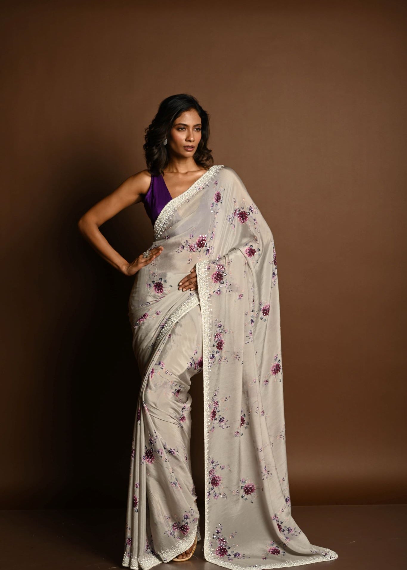 Light Grey Floral Printed Satin Silk Saree with Sequin Work and Cutdana Embroidery Border – front view
