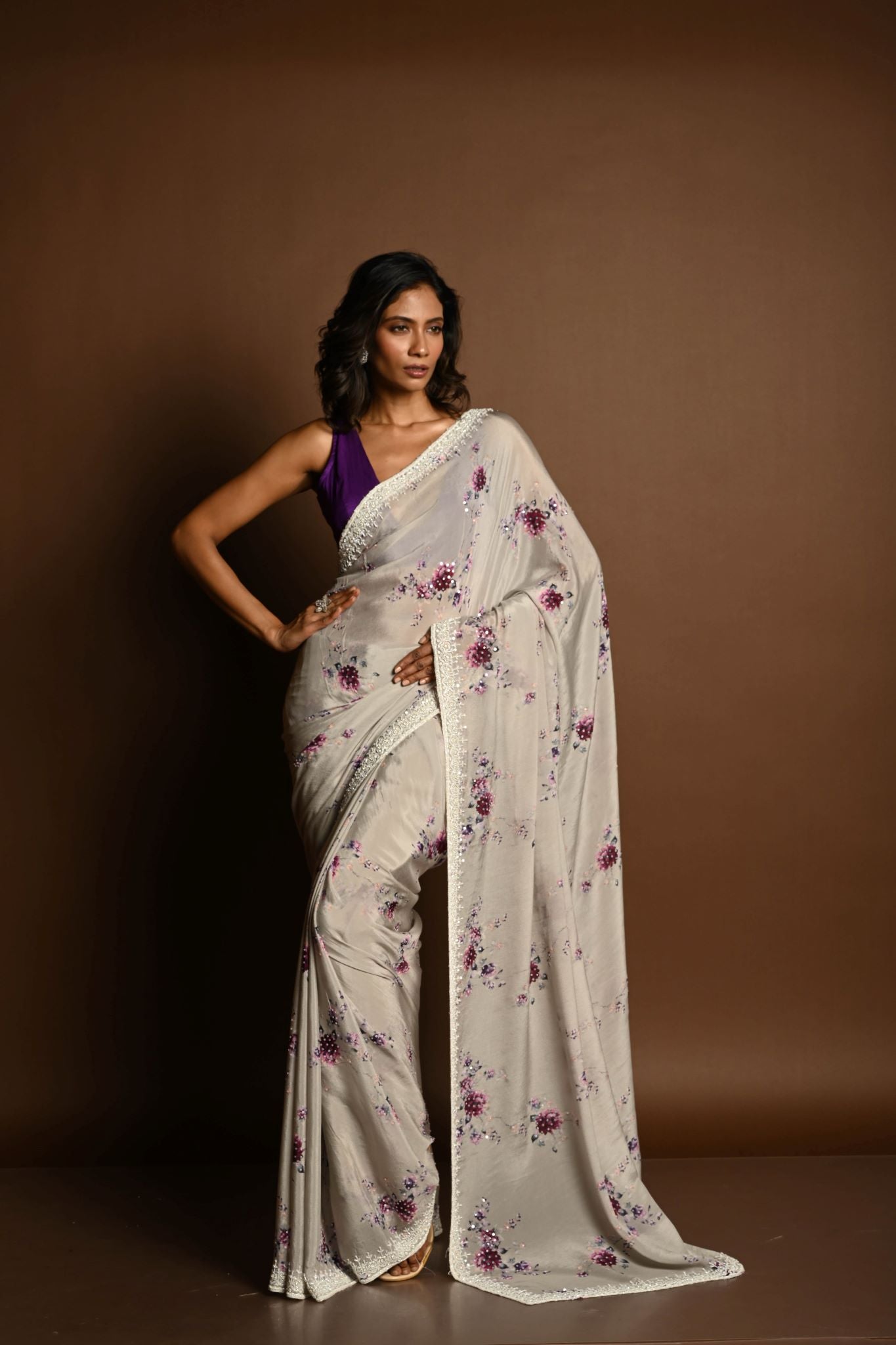 Light Grey Floral Printed Satin Silk Saree with Sequin Work and Cutdana Embroidery Border – front view