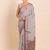 Light Grey Pure Lilen saree with Hand embroidered Floral Work - Anvi Couture