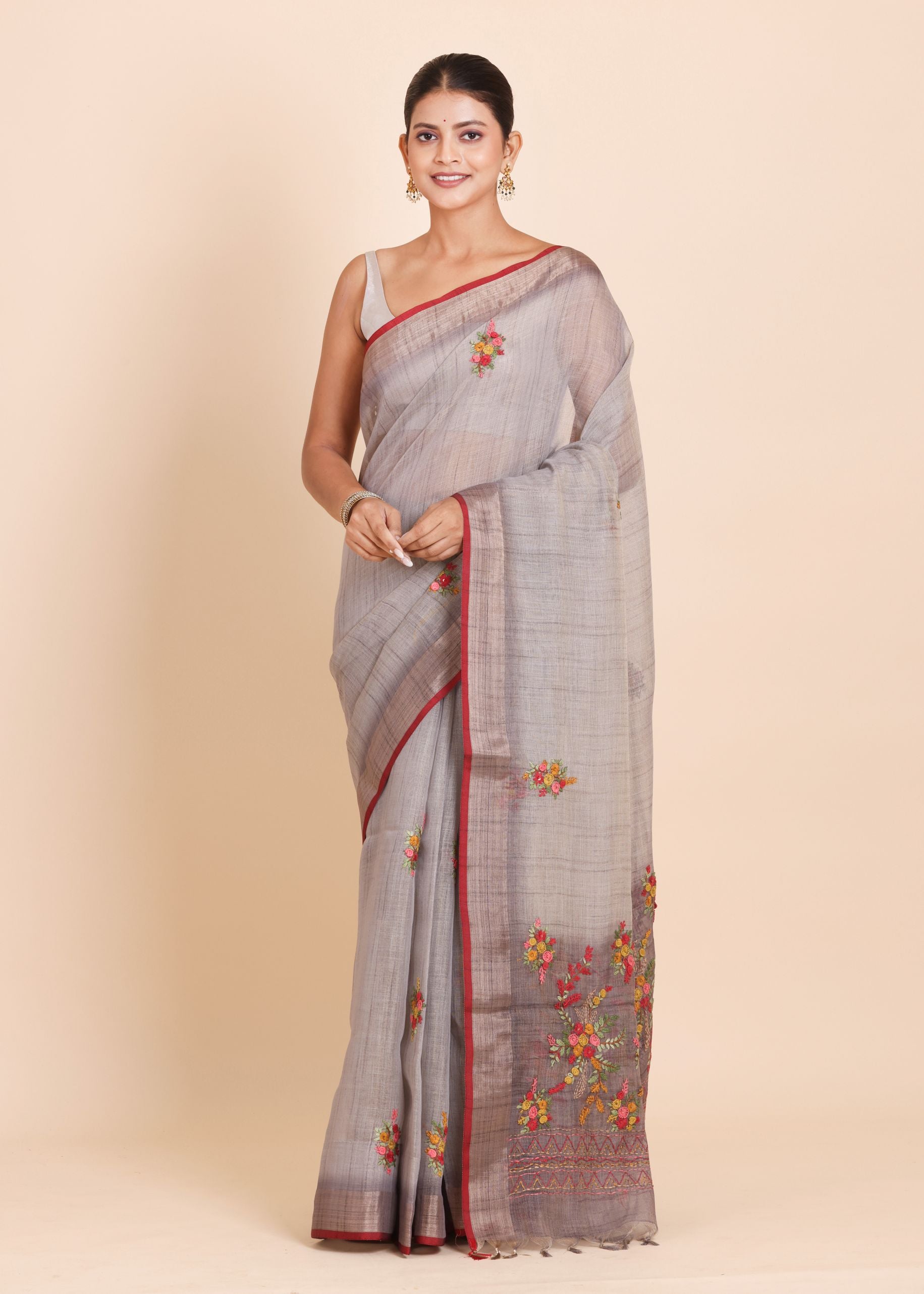 Light Grey Pure Lilen saree with Hand embroidered Floral Work Full