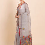 Light Grey Pure Lilen saree with Hand embroidered Floral Work - Anvi Couture