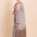 Light Grey Pure Lilen saree with Hand embroidered Floral Work - Anvi Couture