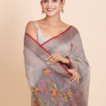 Light Grey Pure Lilen saree with Hand embroidered Floral Work - Anvi Couture