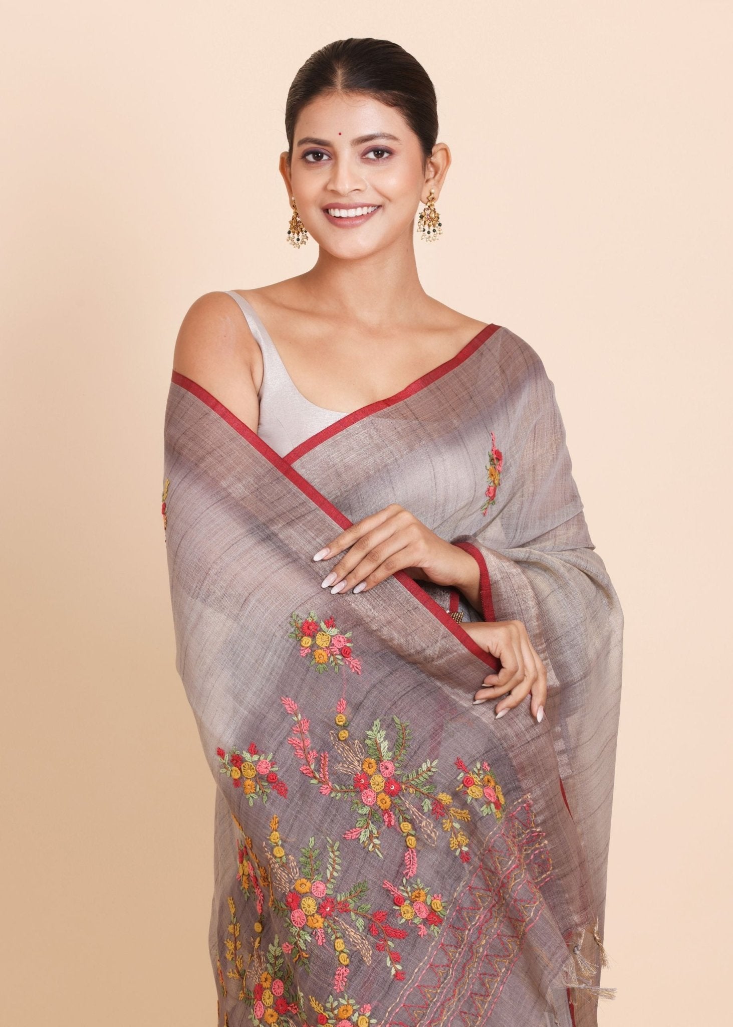 Light Grey Pure Lilen saree with Hand embroidered Floral Work - Anvi Couture
