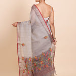 Light Grey Pure Lilen saree with Hand embroidered Floral Work - Anvi Couture