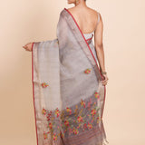 Light Grey Pure Lilen saree with Hand embroidered Floral Work - Anvi Couture