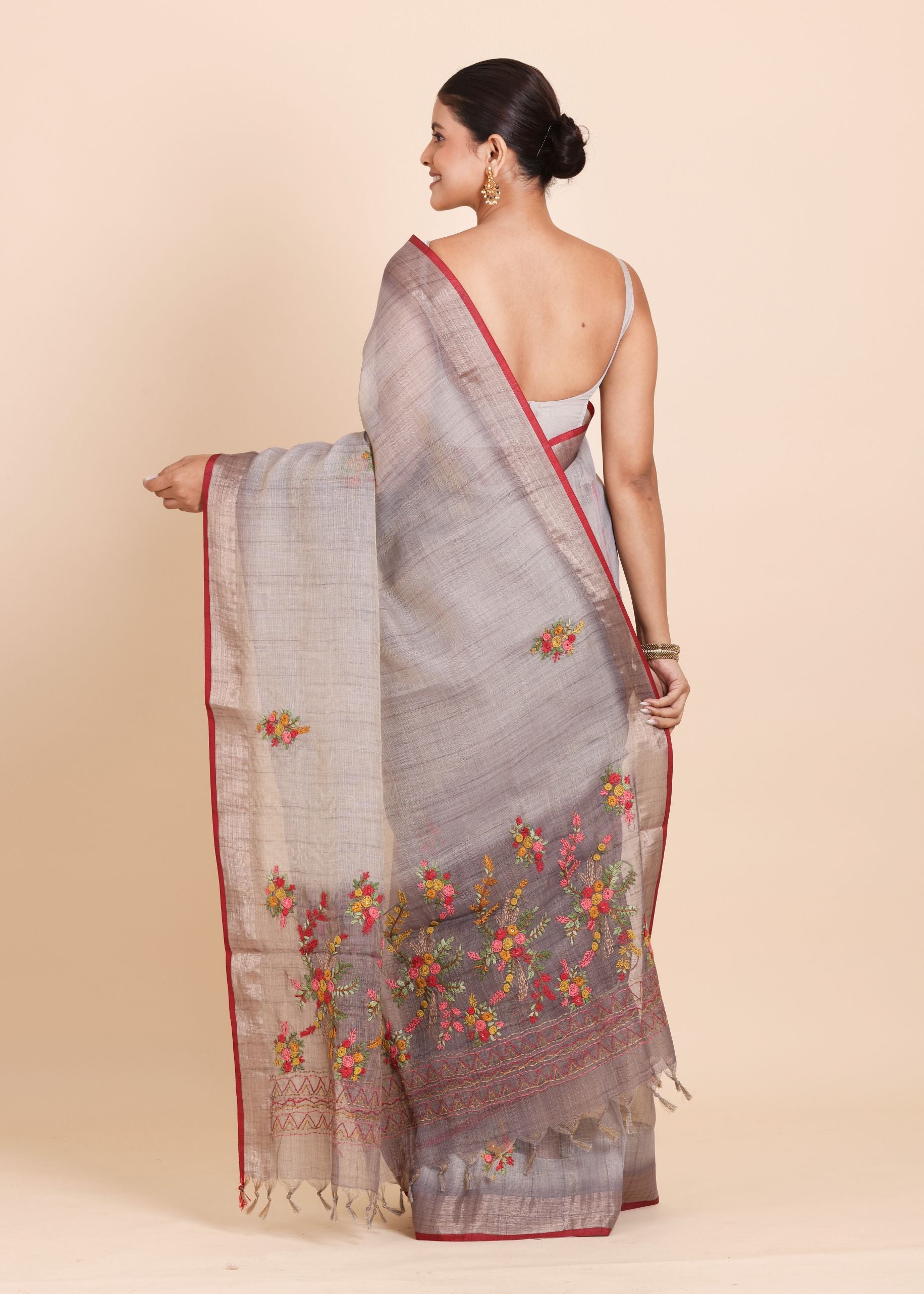 Light Grey Pure Lilen saree with Hand embroidered Floral Work Back