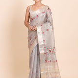 Light Grey Tissue Silk Saree With Floral Embroidery - Anvi Couture
