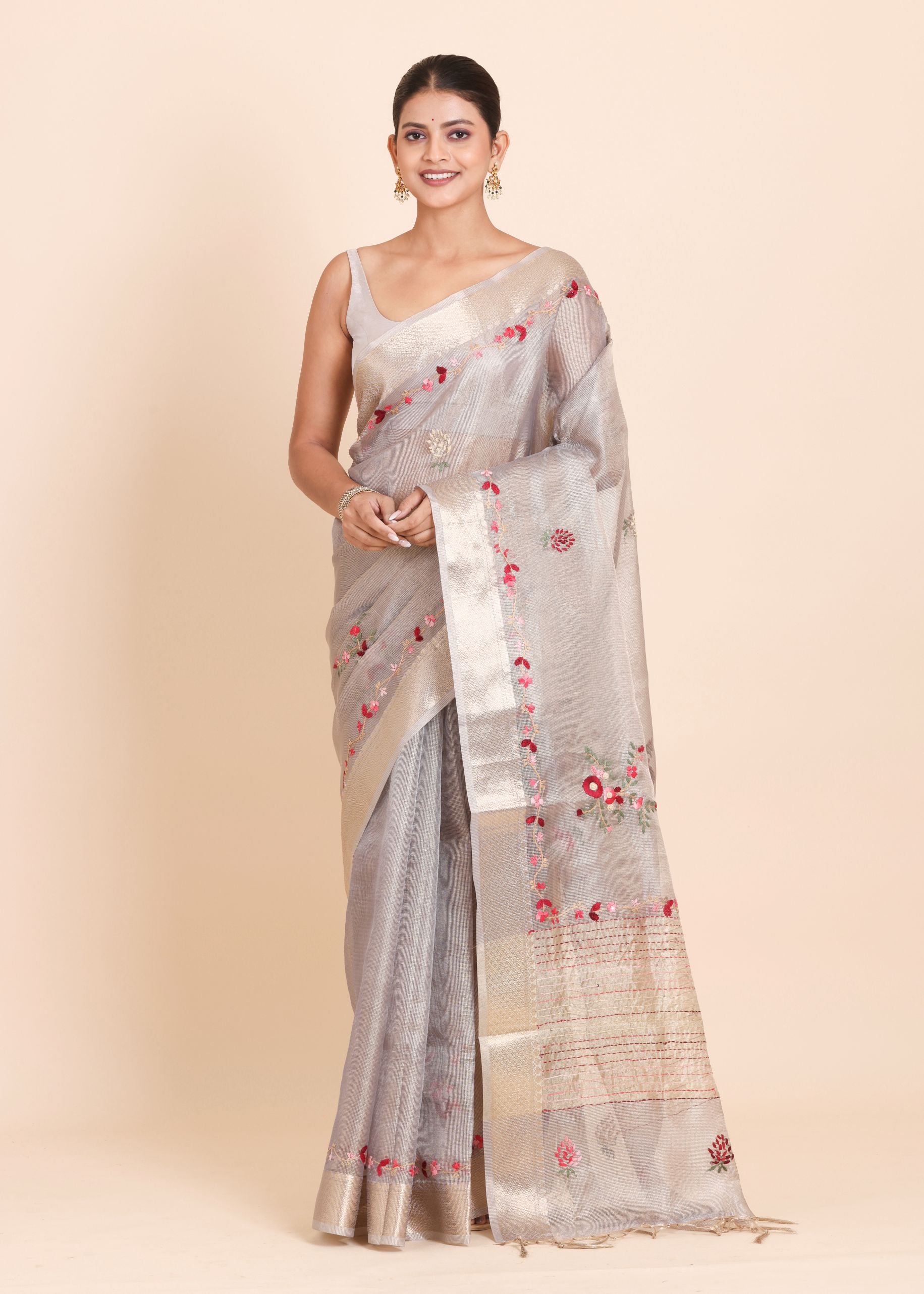 Light Grey Tissue Silk Saree With Floral Embroidery Full
