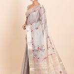 Light Grey Tissue Silk Saree With Floral Embroidery - Anvi Couture