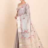Light Grey Tissue Silk Saree With Floral Embroidery - Anvi Couture
