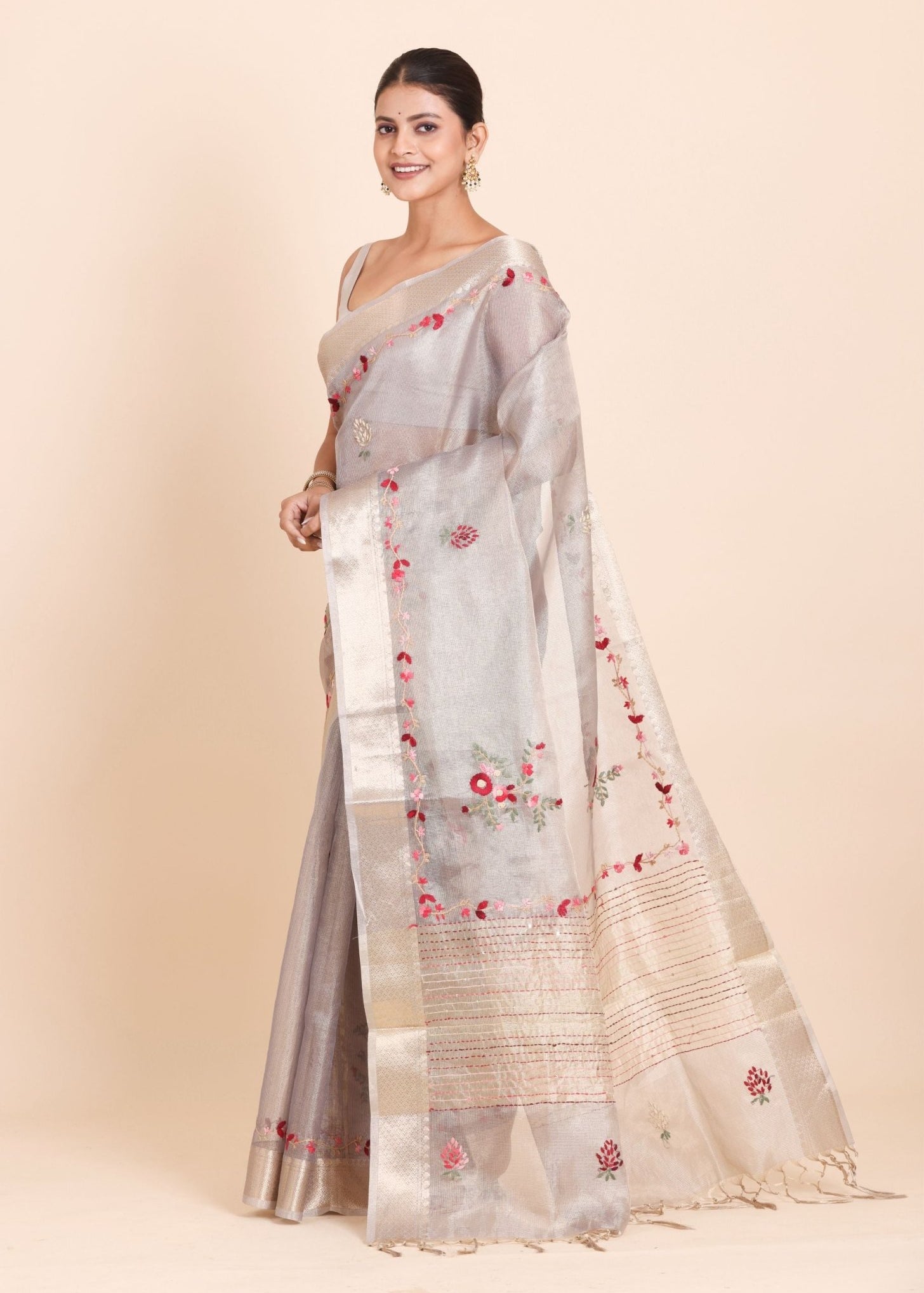 Light Grey Tissue Silk Saree With Floral Embroidery - Anvi Couture